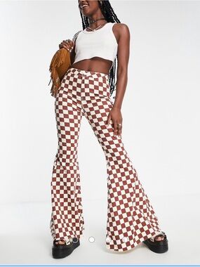 Brown and White Checkered Bellbottom Free People Jeans